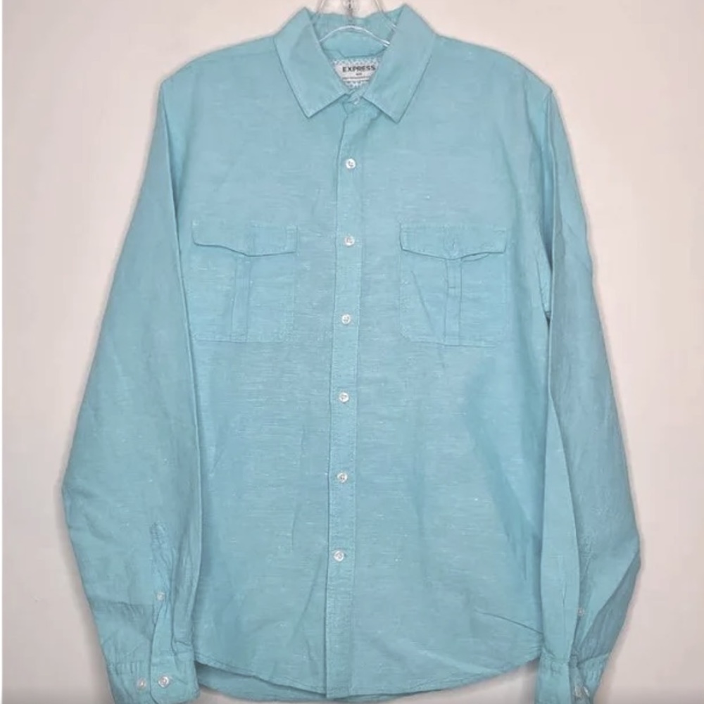 Express Linen Blend Turquoise Button Down Shirt W… - image 1
